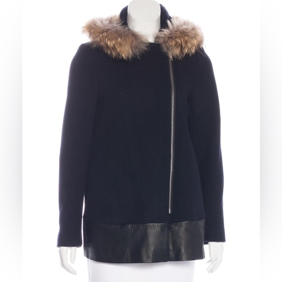 SANDRO Manoli Fur Trim Wool Leather Coat - Picture 3 of 10